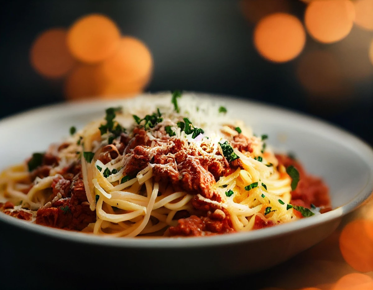 Zbliżenie na makaron spaghetti polany sosem pomidorowym z mięsem mielonym i zieloną pietruszką